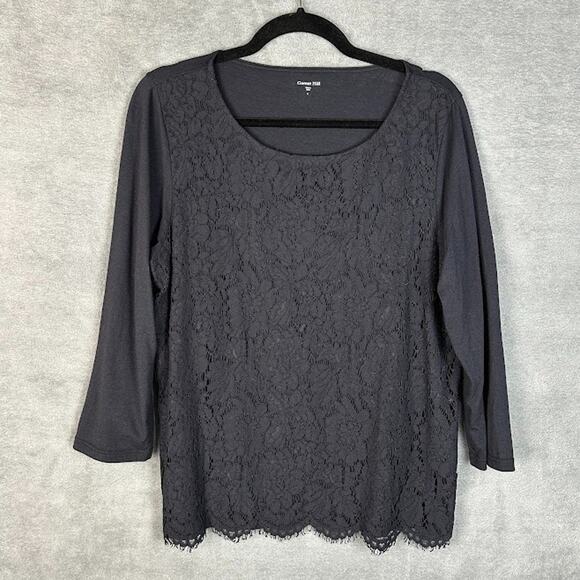 Garnet Hill Top Womens Large Black Lace 3/4 Sleeve Neutral Party Holiday Stretch - Picture 1 of 11